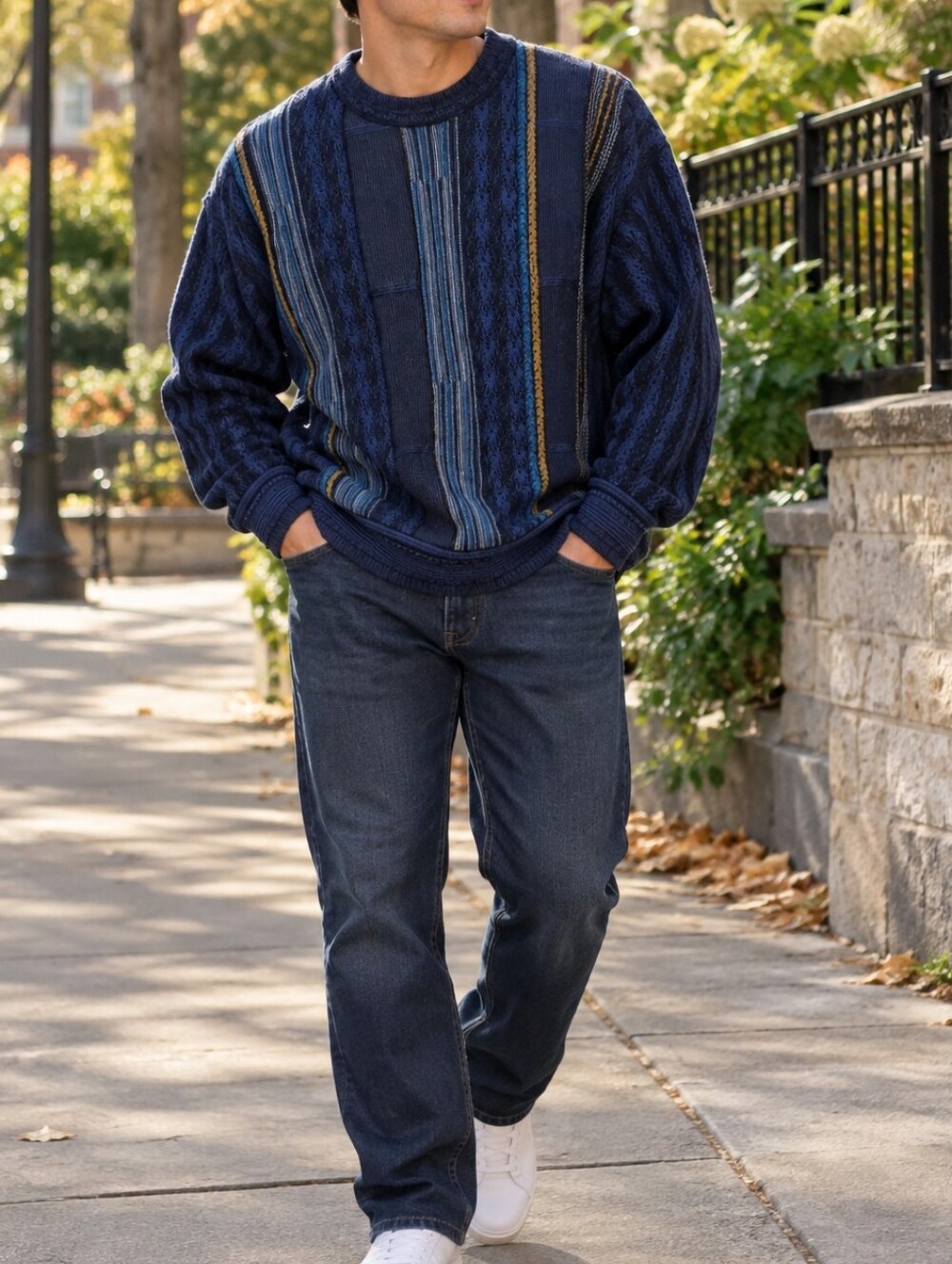 Fairbanks Vintage Navy Striped Virgin Wool Blend Crewneck Sweater Big & Tall
